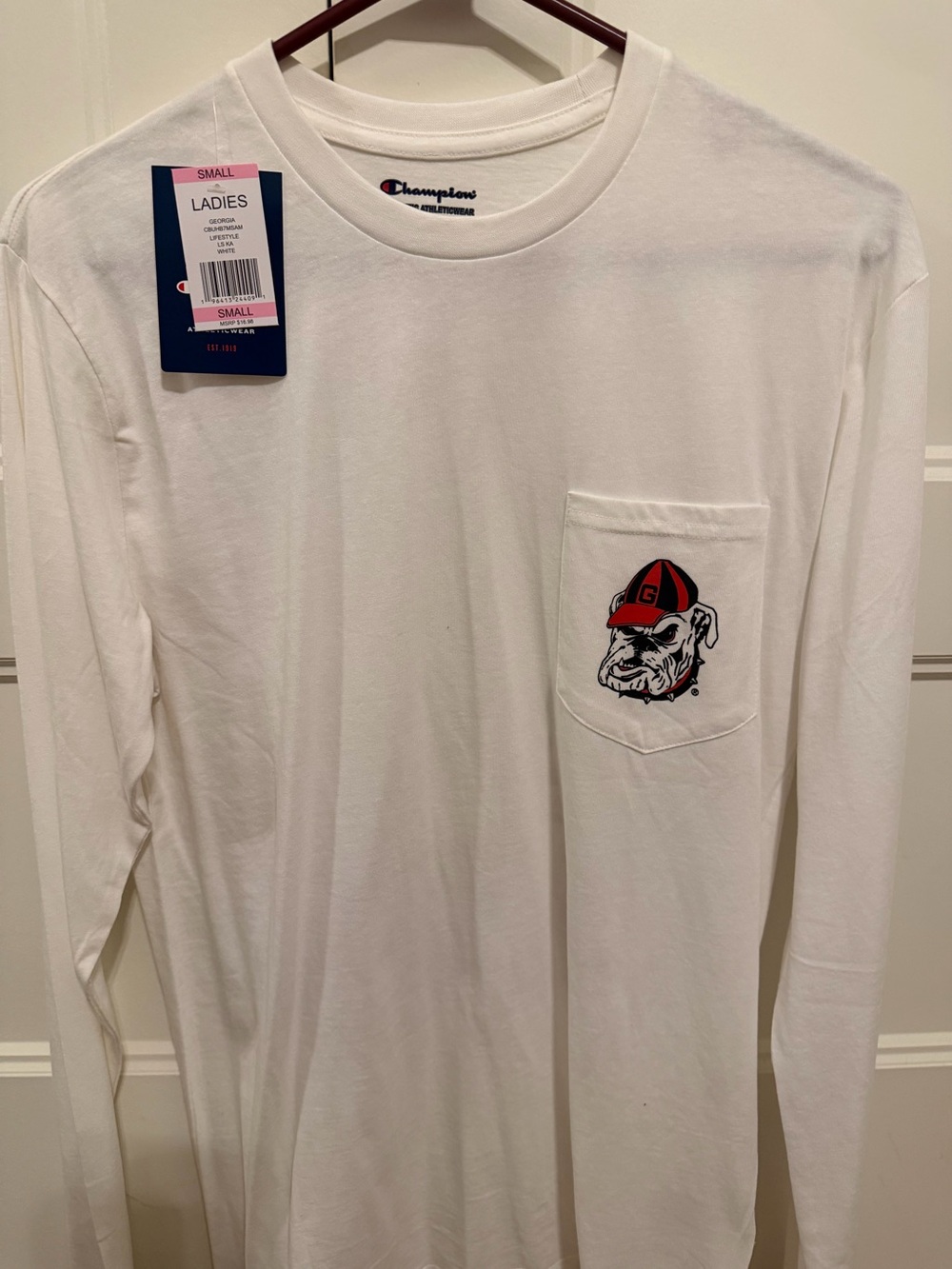Champion White Long-Sleeve Pocket Tee with Georgia Bulldog